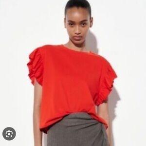 Zara Red Ruffle Sleeve Crewneck Cotton Shirt Small